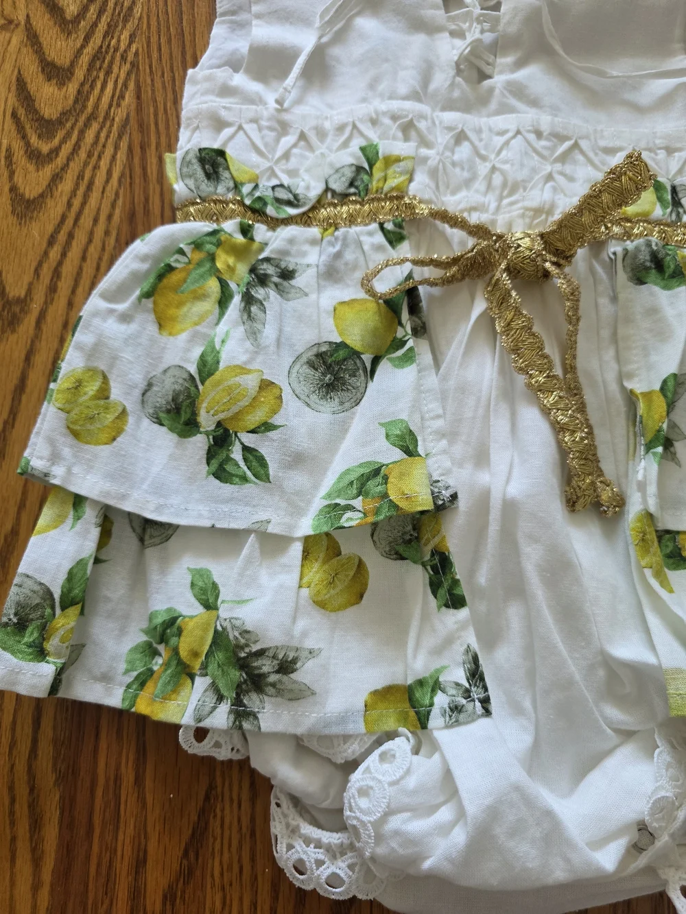 White Lemon-Print Baby Dress Romper with Gold Accent